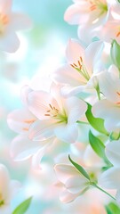 Naklejka premium Pristine white flowers easter lilies creating elegant border against soft beige backdrop, showcasing delicate floral arrangement with minimalist design Copy space for text