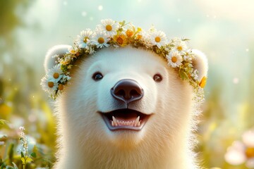 Fototapeta premium Cute baby animal polar bear wearing fierce flower wreath on its head. Summer happiness. Soft daylight. Happy wildlife in a meadow. Animal with floral elegance. Wild animal and soft floral glo.