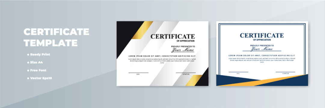Printable A4 certificate templates; gold, navy design; gray background