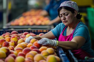 Fototapeta premium Hardworking Woman Sorting Fresh Ripe Peaches in a Modern Fruit Processing Plant Agricultural Industry Food Tone Sweet Juicy Color Image Photo Asset 