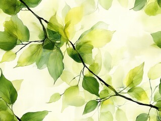 Seamless Pattern - Watercolor painting of green leaves on a branch against a soft white background