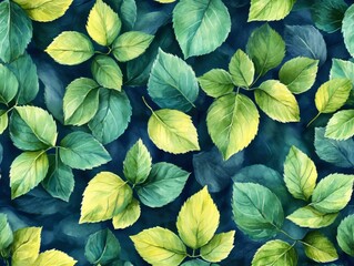 Fototapeta premium Seamless Pattern - Green leaves and dark blue background; organic, nature-inspired design.