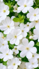 Obraz premium Pristine white blossoms nestled amid verdant foliage forming soft, ethereal botanical composition highlighting natural spring elegance floral background