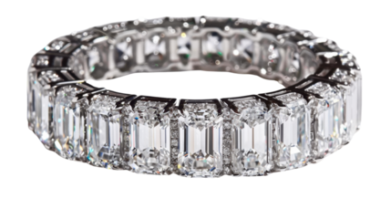 Eternity ring sparkling with emerald cut diamonds on transparent background