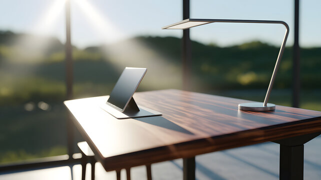  A modern workspace featuring a sleek wooden desk, a tablet on a stand, and a stylish lamp, bathed in natural light from large windows.