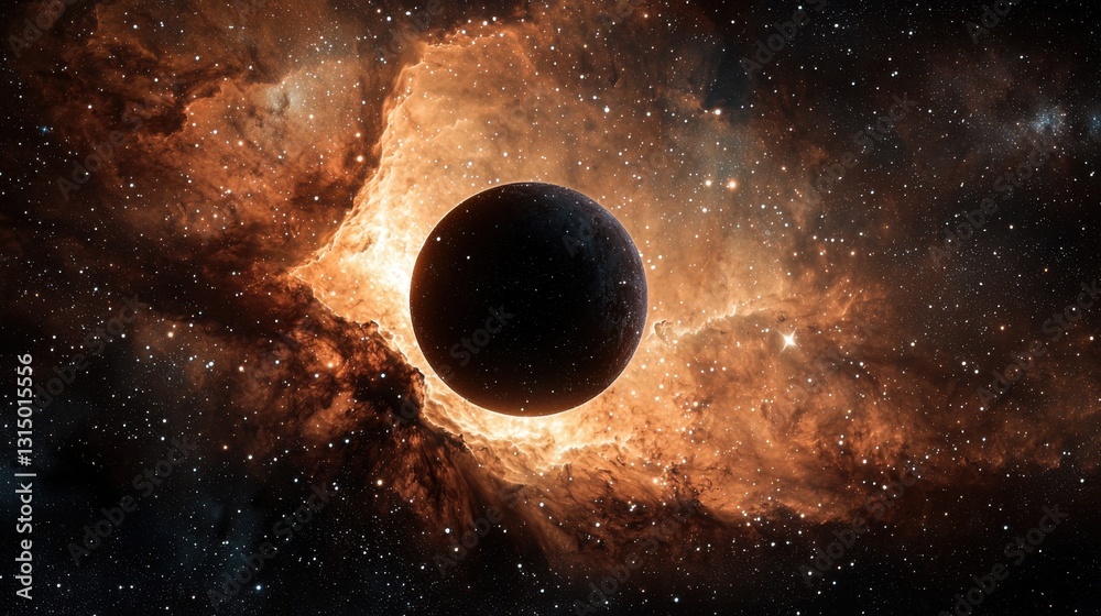 Wall mural a dark planet floats in the foreground, surrounded by glowing orange and yellow cosmic clouds. stars
