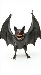 A realistic plastic figurine of a Halloween bat, isolated on white background	
