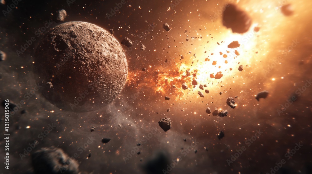 Wall mural a captivating cosmic environment showcases a planet surrounded by a dense field of asteroids and vib