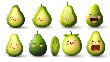 Cartoon avocado characters, various expressions, food illustration, healthy eating, stock photo