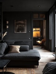 Luxurious modern interior showcases a darkly illuminated living room
