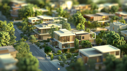 Fototapeta premium A digital city model showcasing the integration of rainwater harvesting systems in every neighborhood, reducing dependency on external water sources and enhancing resilience to climate change.