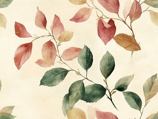 Seamless Pattern - Botanical art with delicate leaves in green, red, and brown watercolor