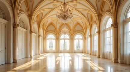 A luxurious ballroom with high ceilings, crystal chandeliers, and a cream-gold color scheme, bathed in natural daylight.