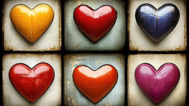 Colorful wooden hearts arranged in a grid pattern on a rustic background. A visually appealing display of love and affection.