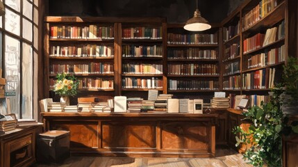 Naklejka premium Warm sunlight fills a vintage library with wooden shelves lined with books. A wooden desk displays various texts while greenery adds a touch of nature to the inviting space