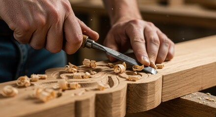 Skilled Carpenter Chiseling Oak Wood