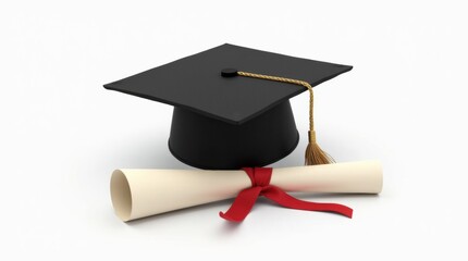 A black graduation cap and gown beside a rolled diploma with a ribbon, white background, celebrating academic success.