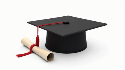 A black graduation cap and gown beside a rolled diploma with a ribbon, white background, celebrating academic success.