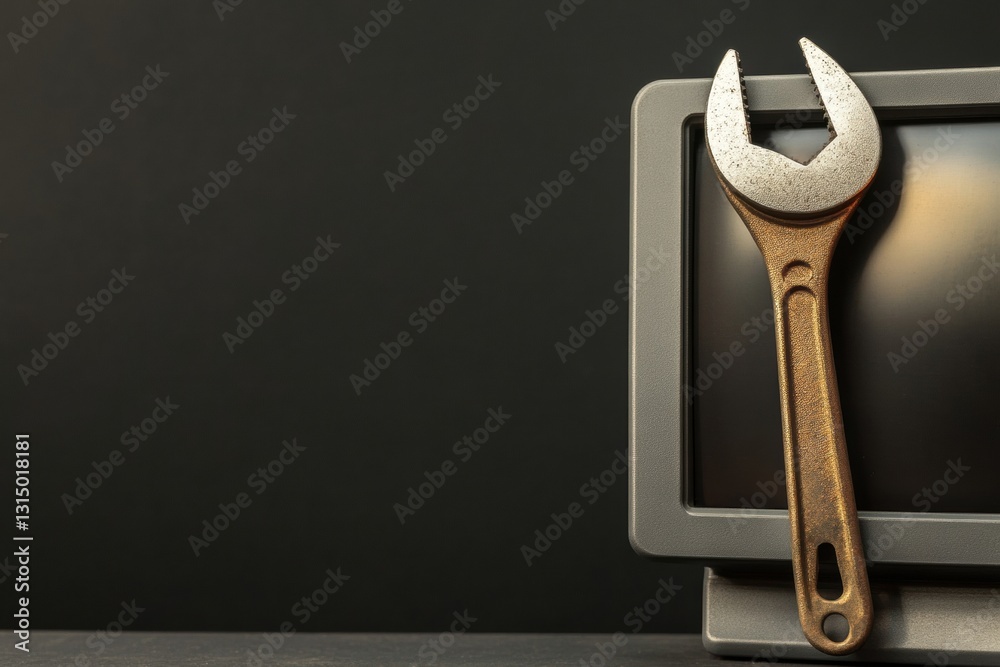 Poster Repair symbol on a monitor with wrench and nut overlay focused on computer service needs and maintenance tasks without distractions