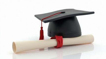 A black graduation cap and gown beside a rolled diploma with a ribbon, white background, celebrating academic success.