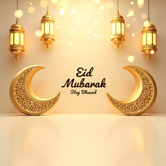 Traditional Eid Greeting with Gold Lanterns & Crescent Moon.