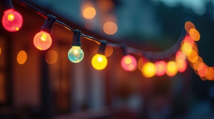 A string of colorful celebration lights glowing warmly outdoors in the evening, creating a festive and joyful atmosphere with a soft bokeh background.
