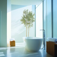 Fototapeta premium This modern bathroom scene features a bathtub and a small tree