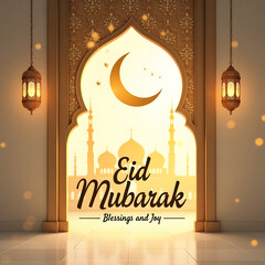 Traditional Eid Mubarak Card with Glowing Crescent and Mosque Silhouette
