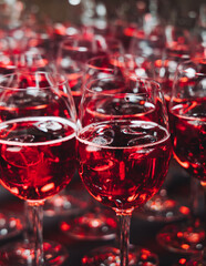 Alcohol setting on catering banquet table, row line of orange red coloured aperitif alcohol cocktails on party, negroni, spritz and others on bar counter, selection of liquor beverages on event