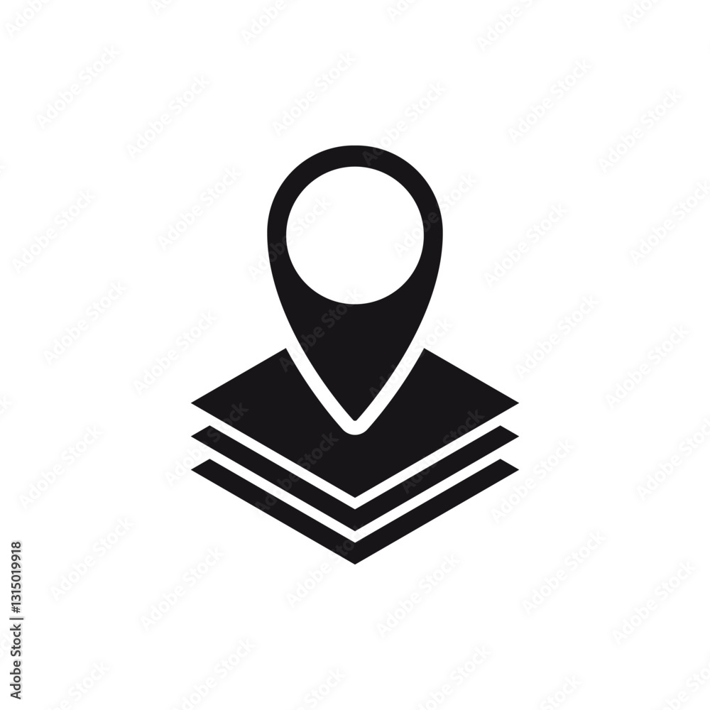 Poster simple design of a location pin icon with map layers representing gps navigation features.