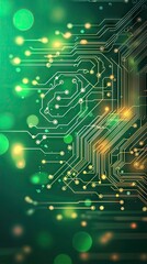 Green circuit board, glowing, technology, bokeh background, digital design