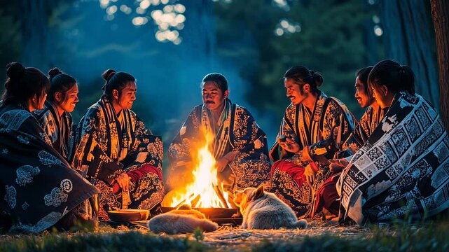 In Hokkaido, members of the Ainu community come together at twilight, sharing traditional songs and stories around a warm, glowing fire, reflecting their rich heritage and culture.