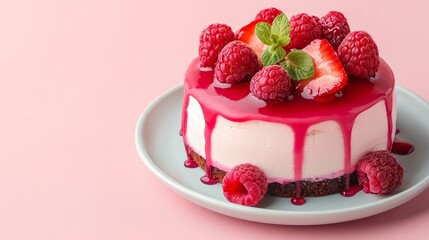 A delicious raspberry cheesecake topped with fresh raspberries and mint, presented on a light pink background.
