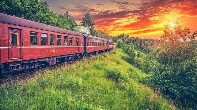 Sunset train journey, scenic countryside, summer travel
