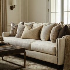 A creamcolored couch featuring several decorative pillows and a rug