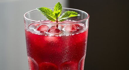 Refreshing iced cranberry drink with mint garnish in glass red cool food cold tart dark life tasty
