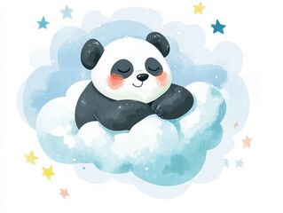Obraz premium Cute panda resting on a fluffy cloud with stars in a dreamy sky setting
