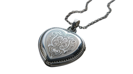 Silver heart shaped locket pendant hanging on a chain with transparent background