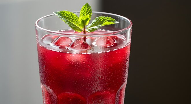 Refreshing iced cranberry drink with mint garnish in glass red cool food cold tart dark life tasty
