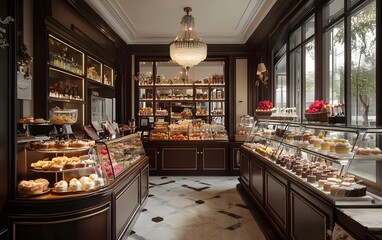 A charming bakery with elegant decor showcasing a variety of delicious pastries and desserts, illuminated by natural light streaming through large windows.