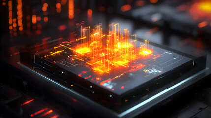 Fototapeta premium A digital intelligence interface floating in a glowing, neon environment, visualizing complex algorithms and data flows in real-time.