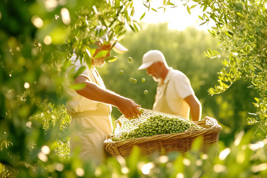 Amidst dense olive trees, workers skillfully shake branches, allowing ripe fruits to fall onto nets below, showcasing the beauty of natural harvesting and cooperation in a serene environment