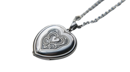 Silver heart shaped locket pendant hanging on a chain with transparent background