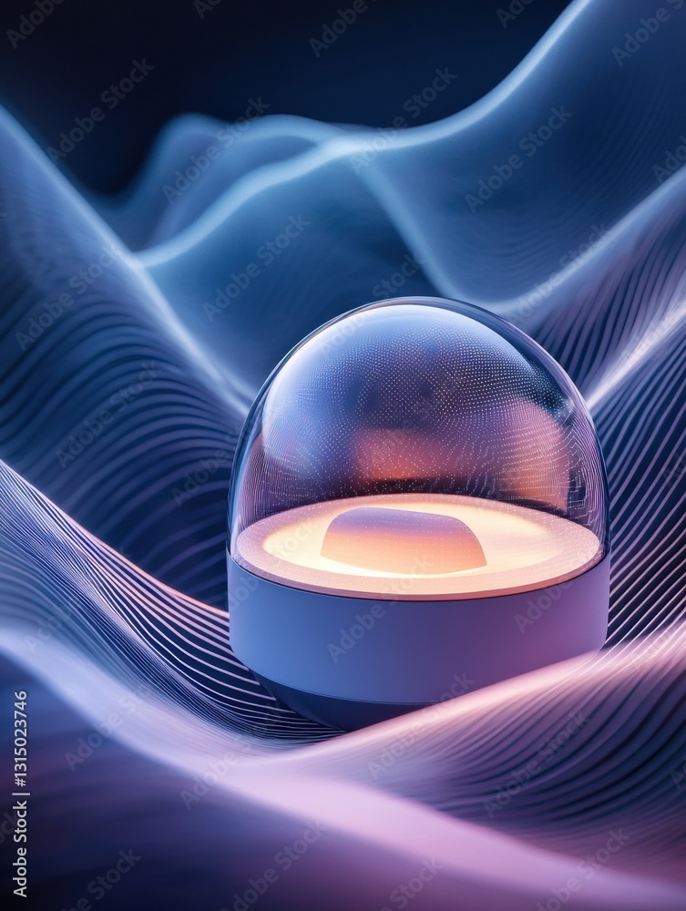 Aufkleber Smart neurostimulation helmet for hair growth emits gentle light surrounded by abstract wave signals in a serene environment