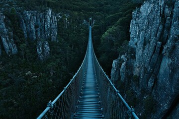 Fototapeta premium Serene Suspension Bridge Overlush Forest Valley at Dusk