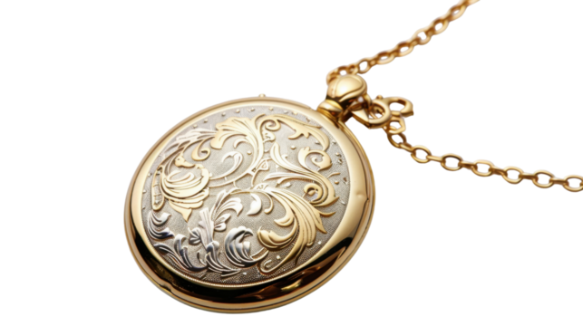 Golden pocket watch with floral design and chain on transparent background
