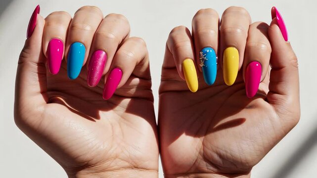 A set of long acrylic nails painted in bright rainbow colors, showcasing bold and trendy nail art. . High quality 4k footage
