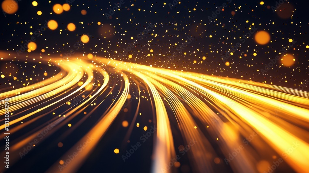 Poster golden light trails flow through space with particles, creating a sense of speed and energy backgrou