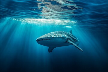 Naklejka premium Serene Whale Shark Gliding Through Blue Ocean Water