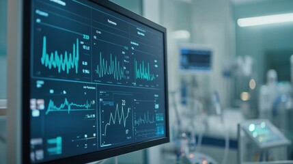 Fototapeta premium Health data monitoring system showcases real time graphs and vital signs in a hospital setting for personalized patient care
